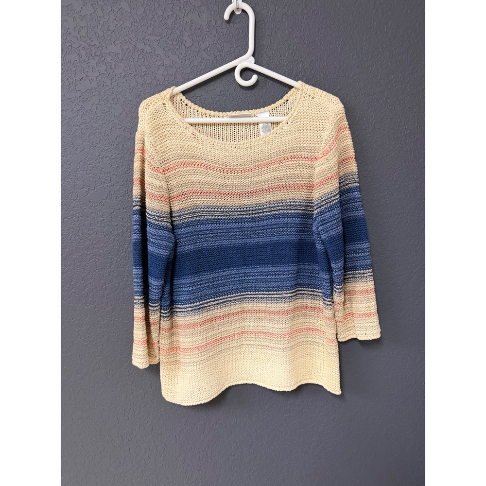 Liz Claiborne Liz & Co Womens Large Striped Knit Sweater Blue Cream 3/4 Sleeve